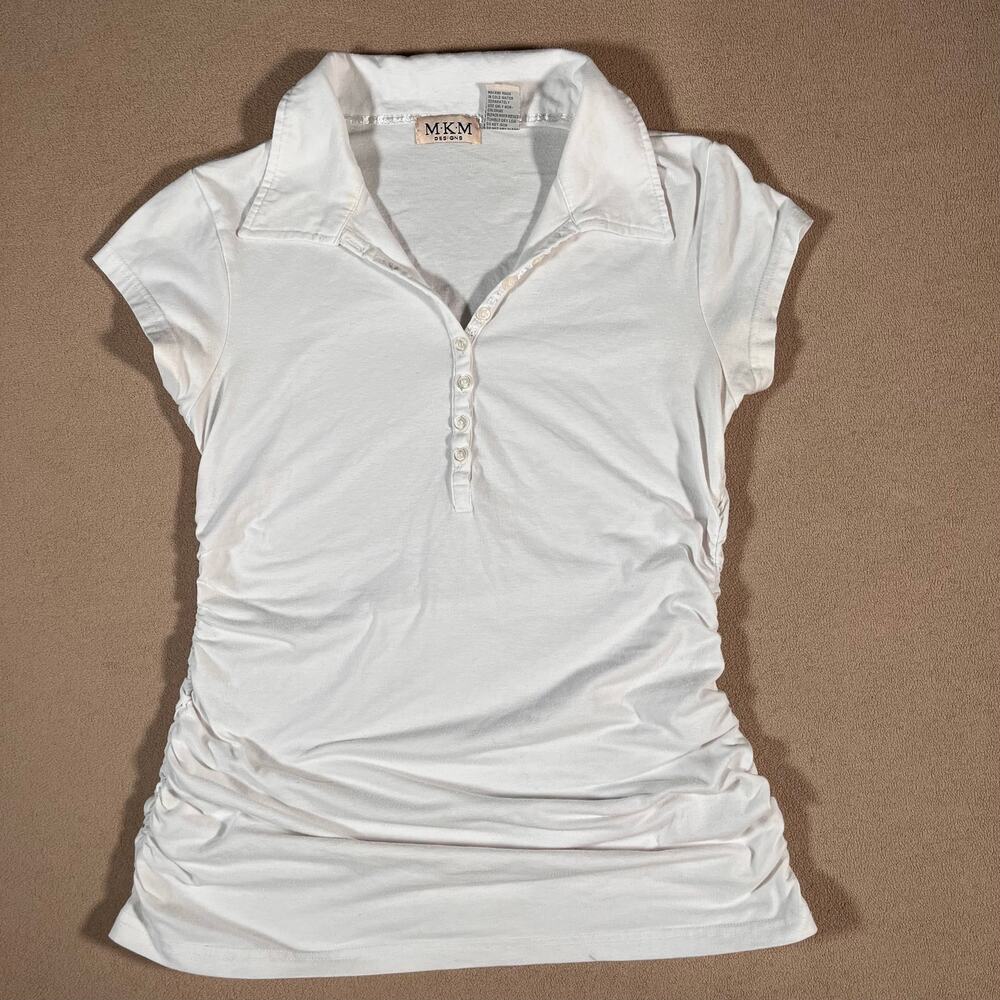 VTG Y2K MKM Designs Womens Form Fitting Polo Henley White Casual Tee Sz M